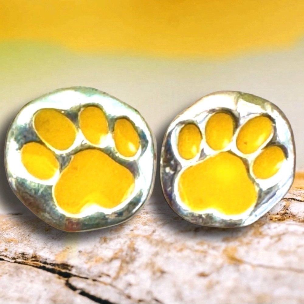 Silver Yellow Gold Mascot Paw Animal Print School Team Stud Post Earrings